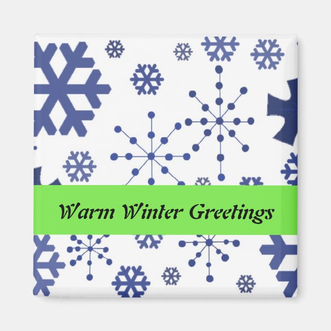 Aimant Bleu Snowflakes Salutations hiver chaudes (Devant)