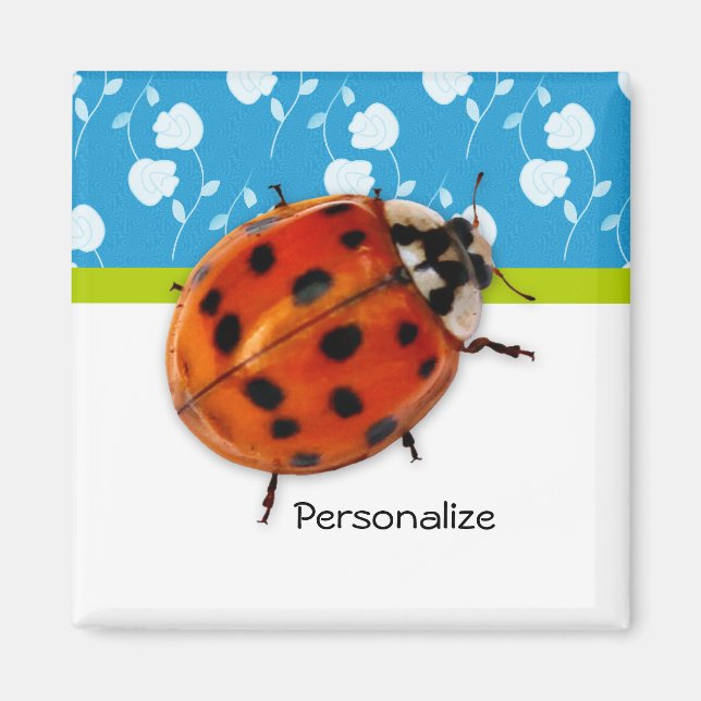 Aimant Bleu tendance Ladybug Floral avec nom (Devant)