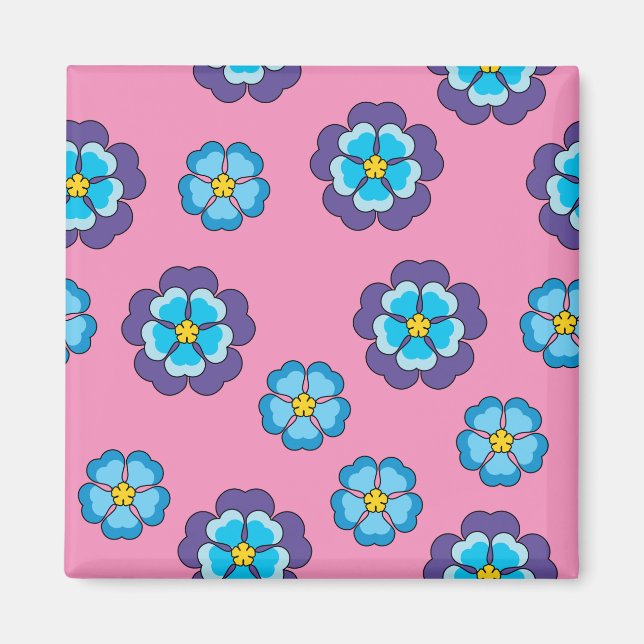 Aimant Bleu Violet rose motif floral (Devant)