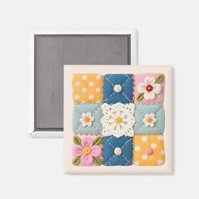Aimant Bloc de patchwork Fleurs et Dentelle Brodés (Recto/Verso)