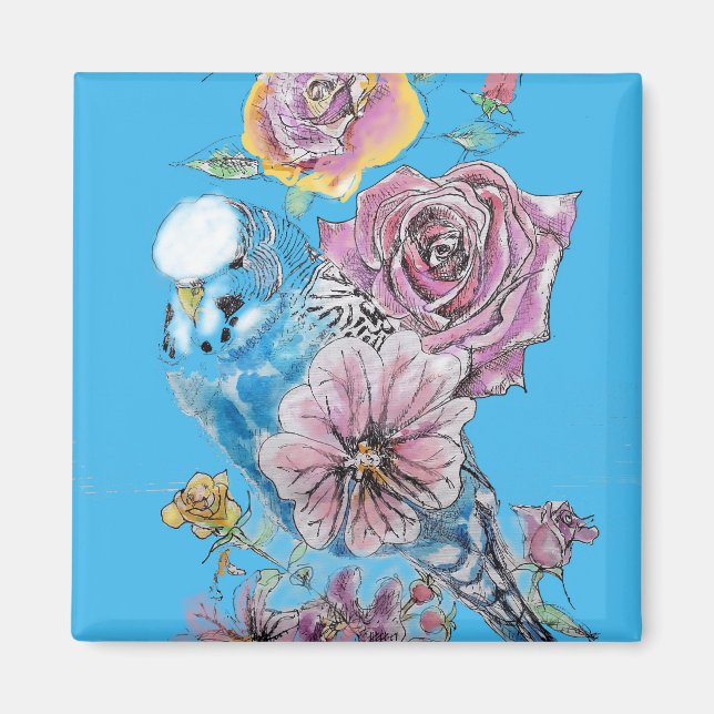 Aimant Blue Budgie Budgerigar Rose aquarelle art floral (Devant)