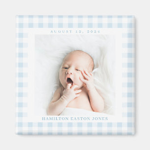 Aimant Blue Gingham Check Baby Birthdate