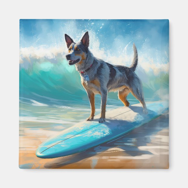 Aimant Blue Heeler Beach Surfing Peinture (Devant)