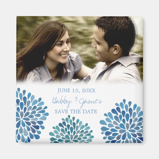 Aimant Blue Petals Bloom Enregistrer la date Mariage Magn (Devant)