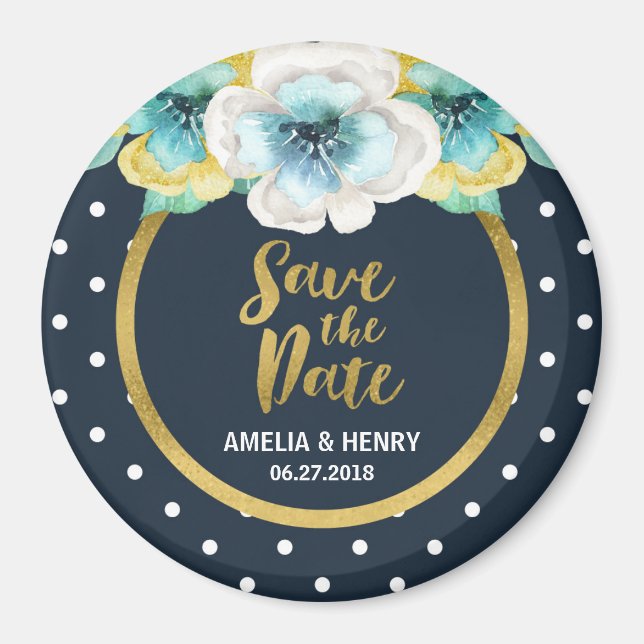 Aimant Blue Polka Dot, Faux Gold Floral Enregistrer la da (Devant)