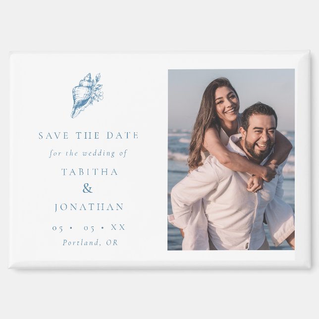 Aimant Blue Seashell Photo Coastal Wedding Save the Date (Recto)