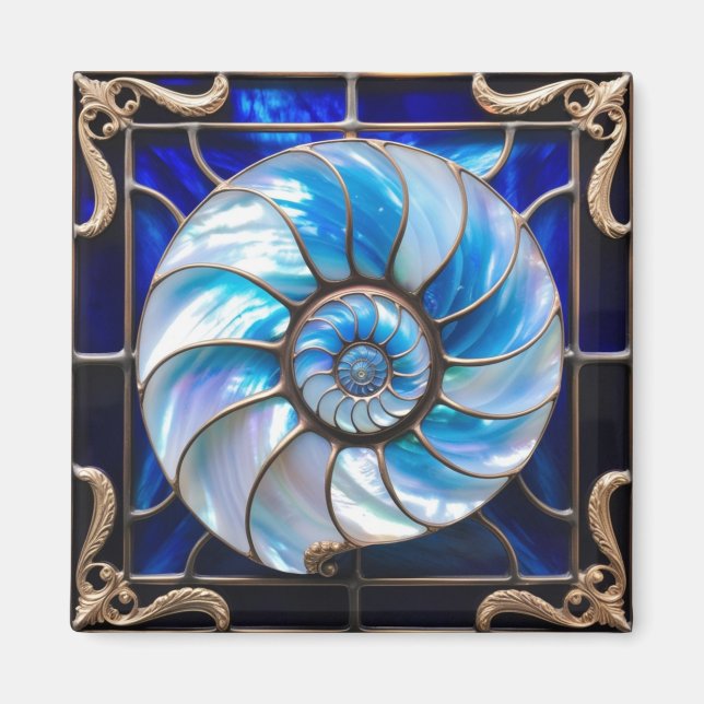 Aimant Blue/White Faux Stained-Glass Nautilus Shell 3 (Devant)