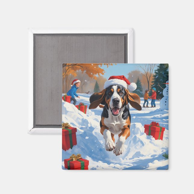 Aimant Bluetick Coonhound Noël Festive Scène de neige (Recto/Verso)