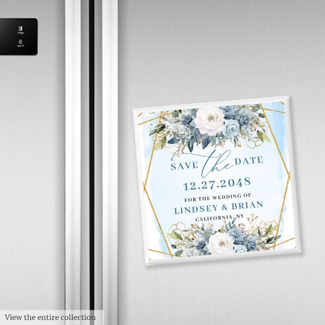 Aimant Boho Bleu Poussiéreux Blanc Pivoine Floral Économi (Boho Dusty Blue White Peony Floral Save the Date)