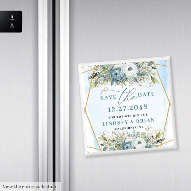Aimant Boho Bleu Poussiéreux Blanc Pivoine Floral Économi (Boho Dusty Blue White Peony Floral Save the Date)