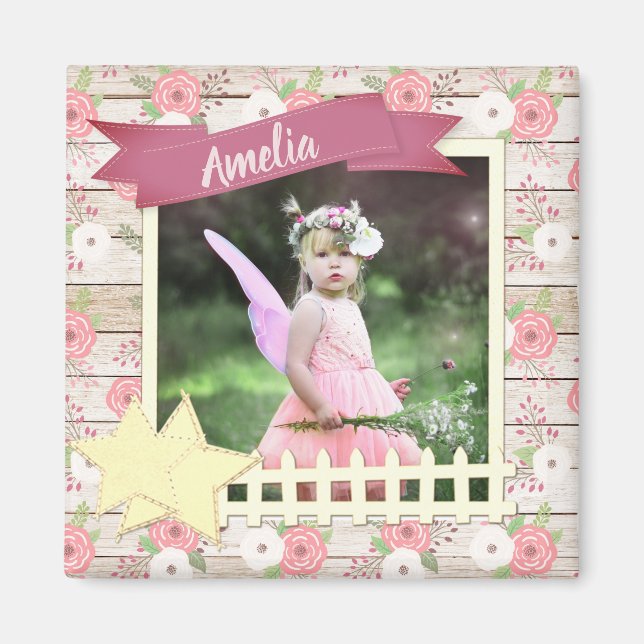Aimant Bois rustique et rose Floral Photo personnalisée b (Devant)