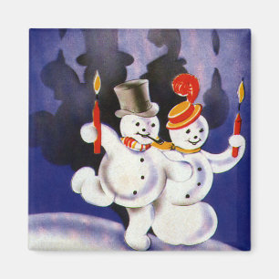 Aimant Bonhommes de neige vintages de danse de Noël avec