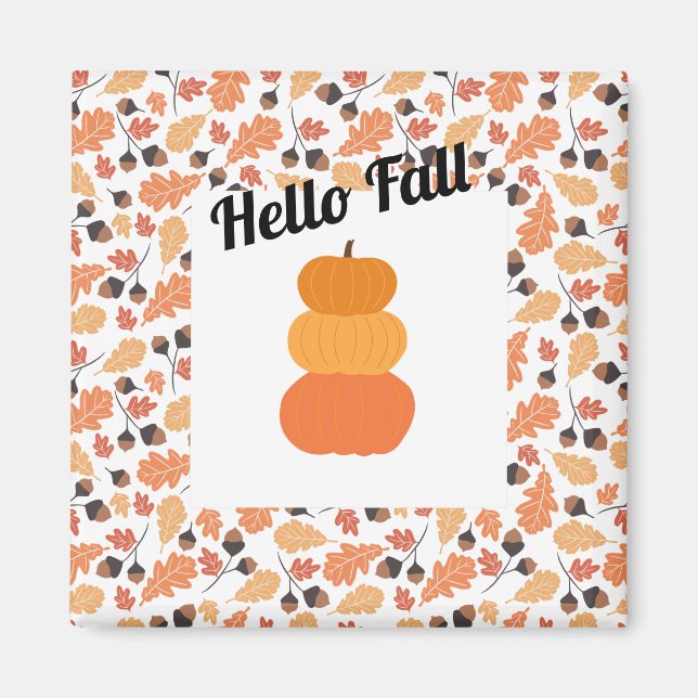 Aimant Bonjour Automne-Orange Automne Citrouille et Feuil (Devant)