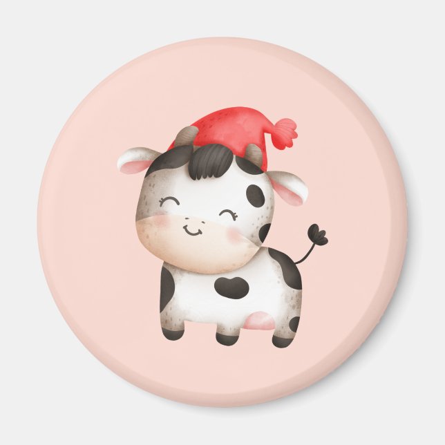 Aimant Bonne vache dans un Casquette rouge mignon (Devant)