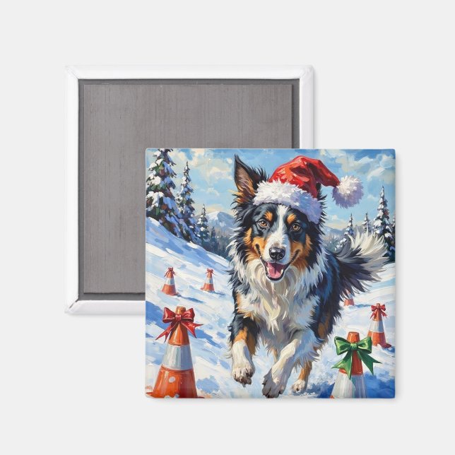 Aimant Border Collie Dog Christmas Snow Agility Fun (Recto/Verso)