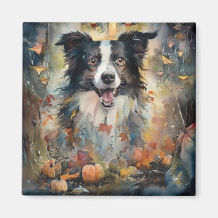 Aimant Border Collie Halloween avec citrouilles effrayant