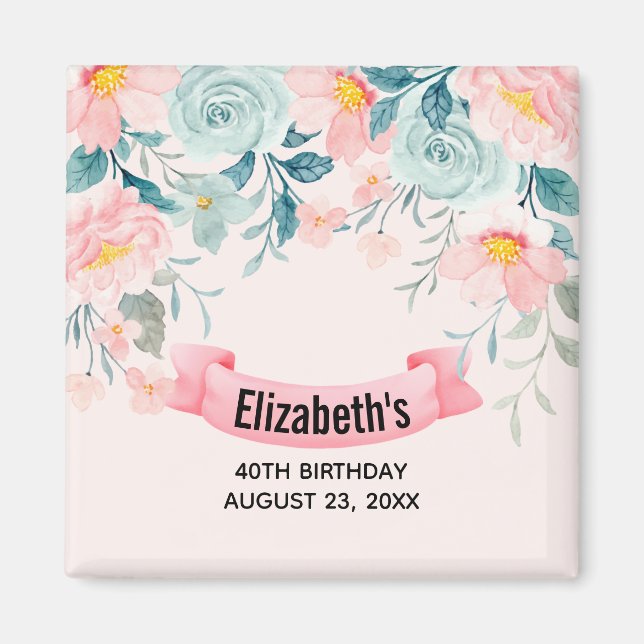 Aimant Bordure florale rose et vert Enregistrer la date (Devant)