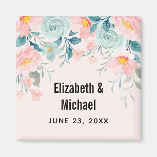 Aimant Bordure florale rose et vert Enregistrer la date