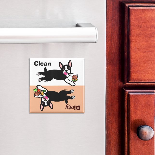 Aimant Boston Terrier Cartoon Dirty / Clean (Cute Boston Terrier Cartoon Dishwasher Magnet.)