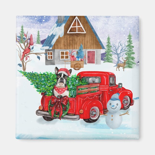 Aimant Boston Terrier chien en livraison de Noël Camion (Devant)