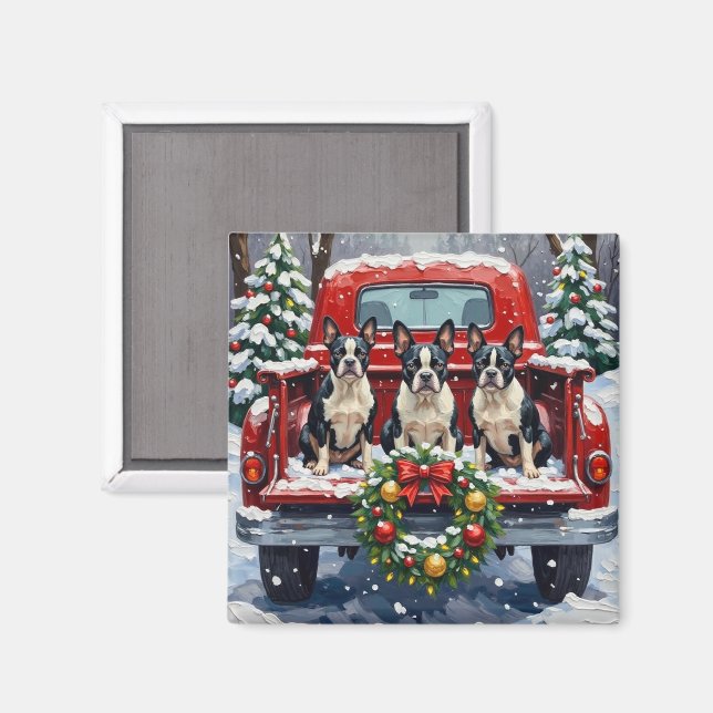 Aimant Boston Terrier Christmas Red Truck Holiday (Recto/Verso)
