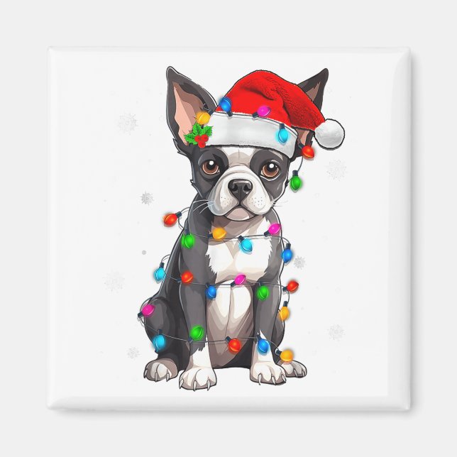 Aimant Boston Terrier Christmas Santa Hat Tree Lights Paj (Devant)