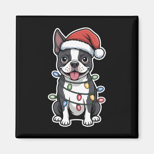 Aimant Boston Terrier Enveloppé Dans Les Lumières De Noël (Devant)