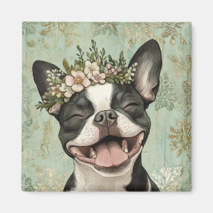 Aimant Boston Terrier Green Floral Kitchen