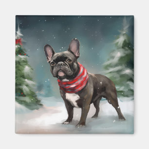 Aimant Bouledogue français dans la neige Noël