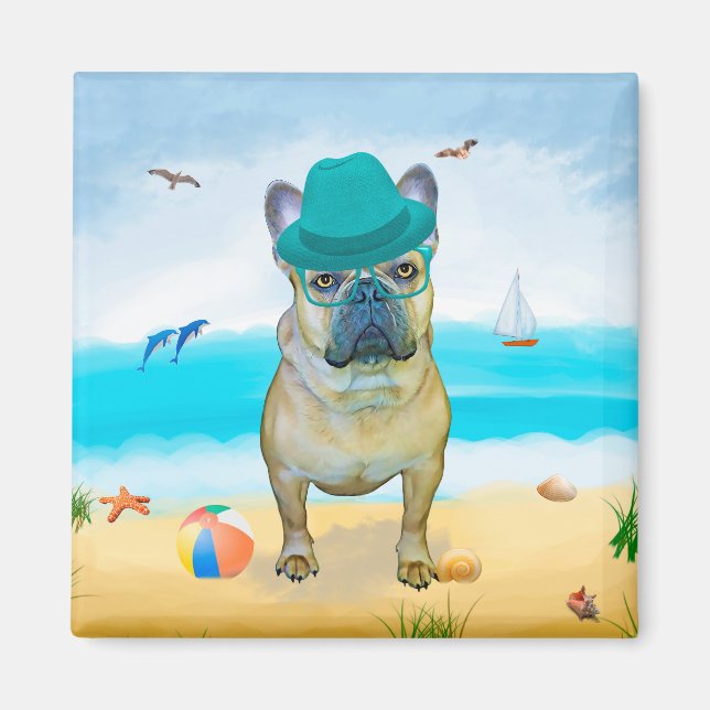Aimant Bouledogue français sur la plage (Devant)