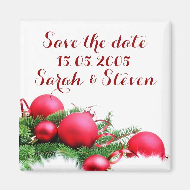 Aimant Boules de Noël rouges Sauvez la date (Devant)