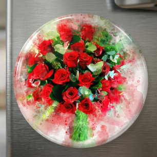 Aimant Bouquet de roses rouges aquarelle sur fond blanc