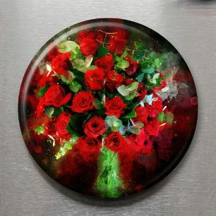Aimant Bouquet de roses rouges aquarelle sur fond noir
