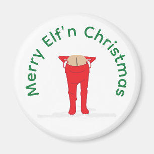 Aimant Bouton de Noël drôle d'elfe faisant un mooning