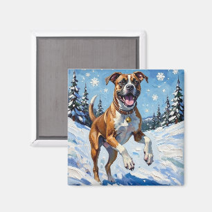 Aimant Boxer Chien Énergique Bondissant dans la Neige Hiv