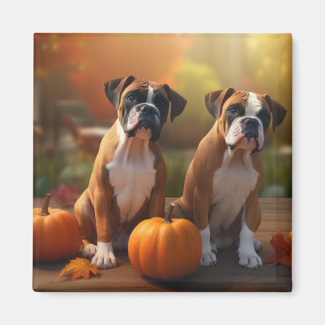 Aimant Boxer Chiot Automne Citrouille de plaisir (Devant)