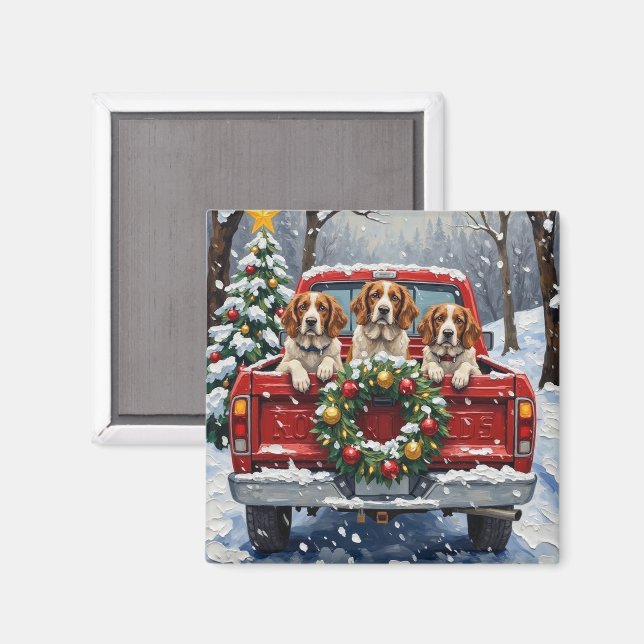 Aimant Brittany Spaniel Christmas Red Truck Holiday (Recto/Verso)