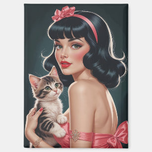 Aimant Brunette Pin-Up avec jolie chaton Portrait