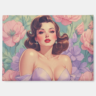 Aimant Brunette Pin-Up Fleurs Pastel