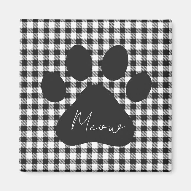 Aimant Buffalo Plaid Empreinte de patte noir blanc Meow c (Devant)