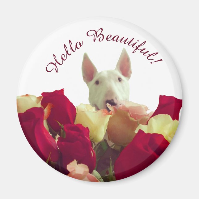 Aimant Bull terrier avec salutation rose - Hello Beautifu (Devant)