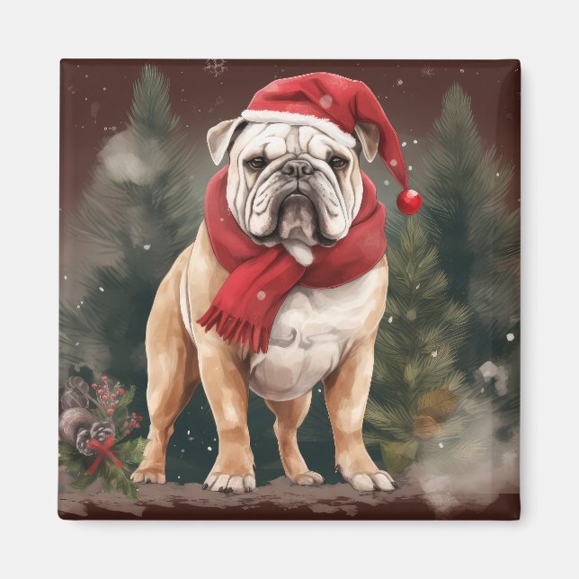 Aimant Bulldog à Noël de neige (Devant)