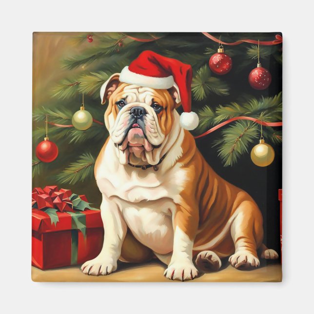 Aimant Bulldog anglais à Santa hat, (Devant)