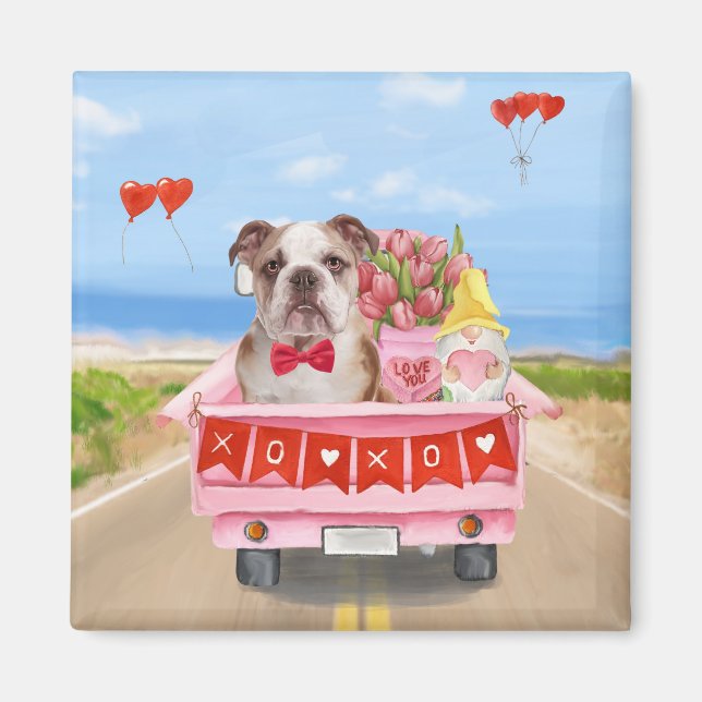 Aimant Bulldog anglais Saint-Valentin Coeurs de camion (Devant)