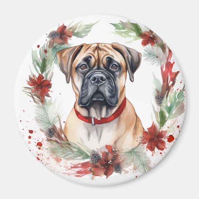 Aimant Bullmastiff Noël Wreath Festive Pup (Devant)