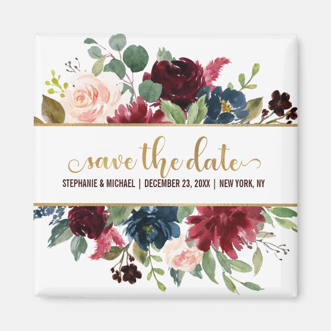 Aimant Burgundy Red Navy Floral Rustic Boho Sve la date (Devant)
