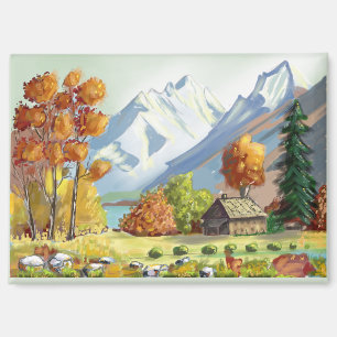 Aimant Cabane en montagne couleurs d'automne. peinture.