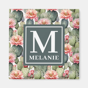 Aimant Cactus Motif Fleurs roses Monogramme