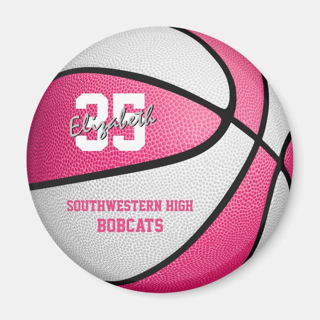 Aimant cadeau de basket-ball de fille blanche rose avec n (Devant)