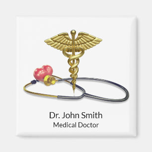 Aimant Caducée Médical Or & Stéthoscope avec Cœur
